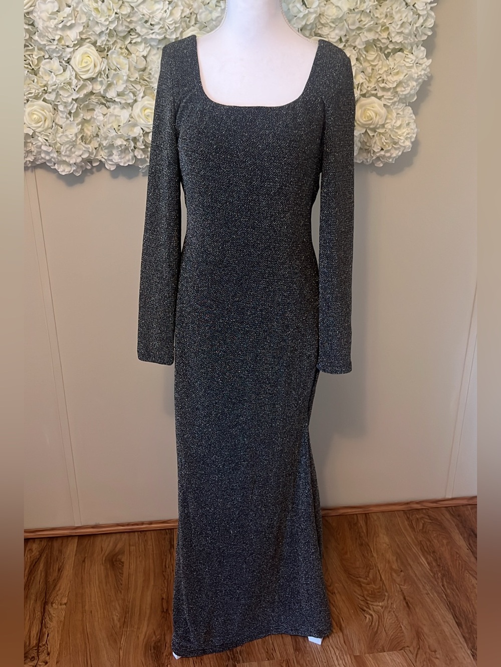 Shapellx Square Neck Long-Sleeve Sparkle Maxi Dress Gown - Black